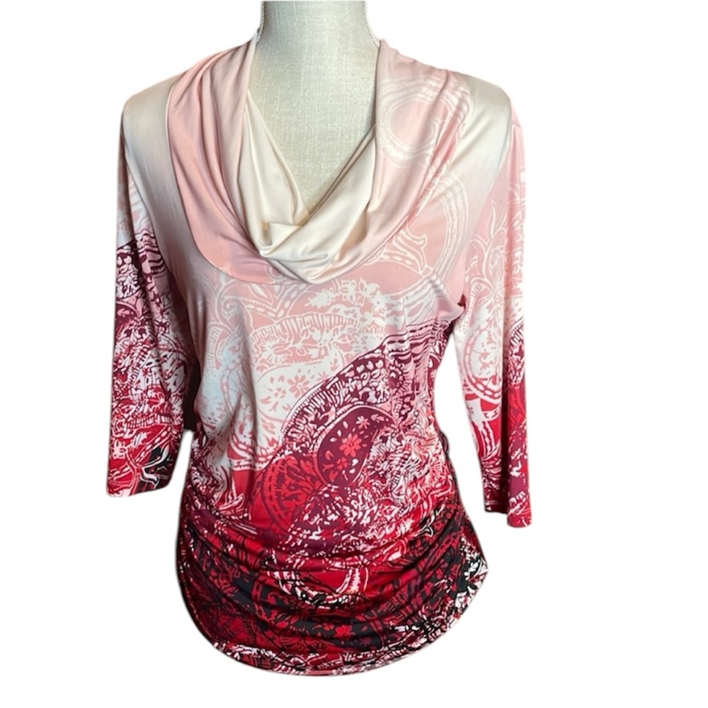 Sunset Rd. Cowl Neck Paisley White, Pink, Red Maternity Shirt